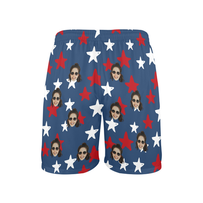 Custom Flag Stars Face Beach Shorts | Personalized Photo Men's Elastic Swim Trunks 4th Of July