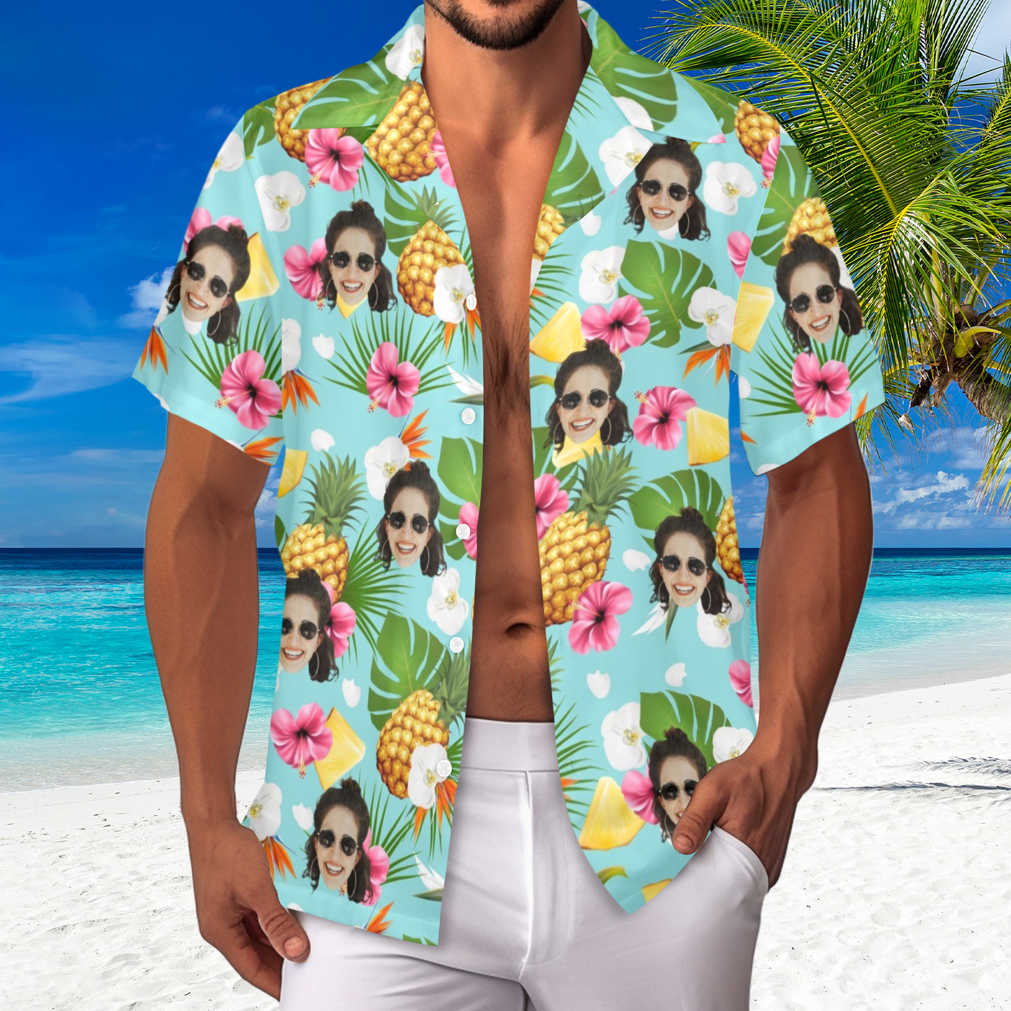Custom Face Pineapple Flowers Hawaiian Shirt | Personalized Tropical Aloha Shirt For Family Party