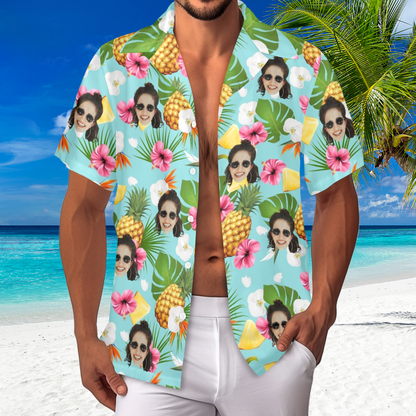 Custom Face Pineapple Flowers Hawaiian Shirt | Personalized Tropical Aloha Shirt For Family Party