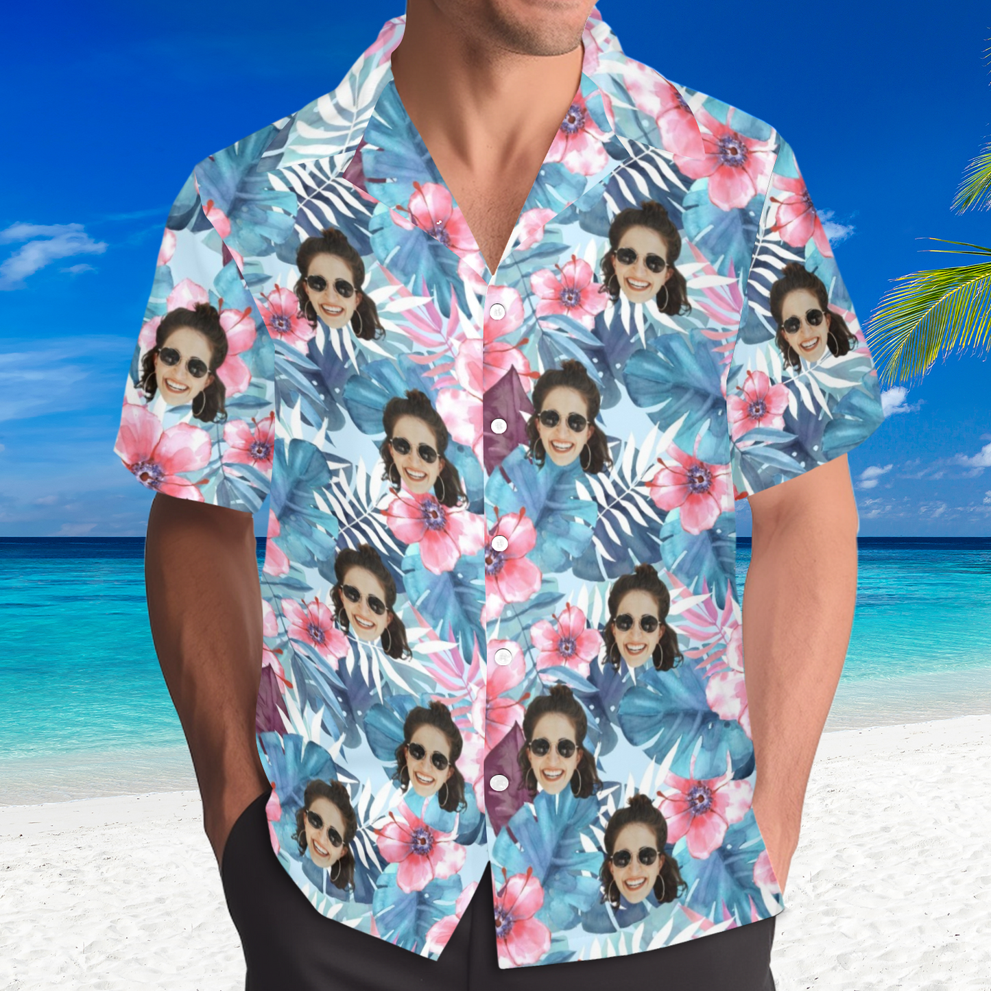 Custom Face Watercolor Printing Flowers Hawaiian Shirt | Personalized Tropical Aloha Shirt Birthday Party Gift