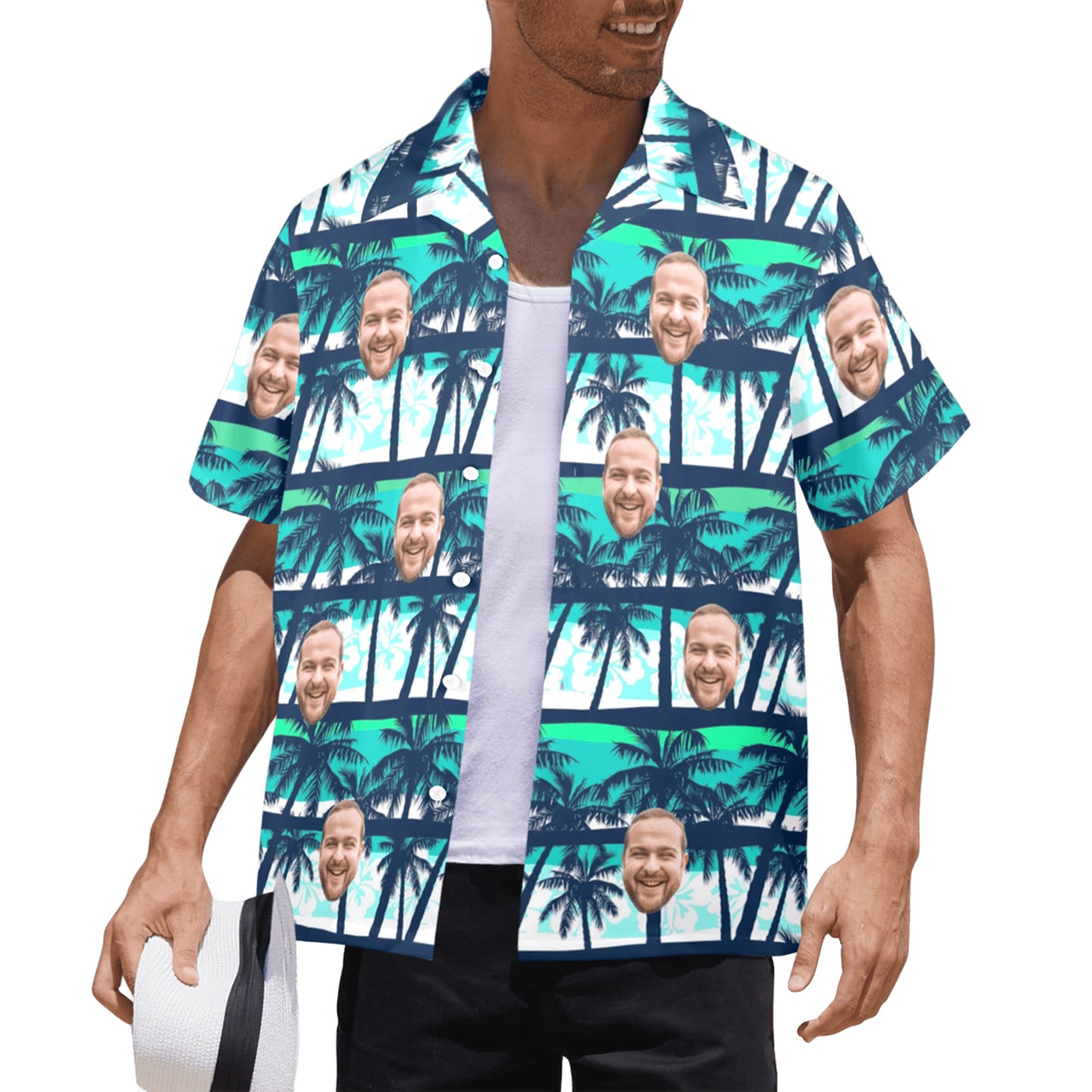 Custom Face Blue & Green Coconut Tree Hawaiian Shirt | Personalized Tropical Aloha Shirt Father's Day Gift