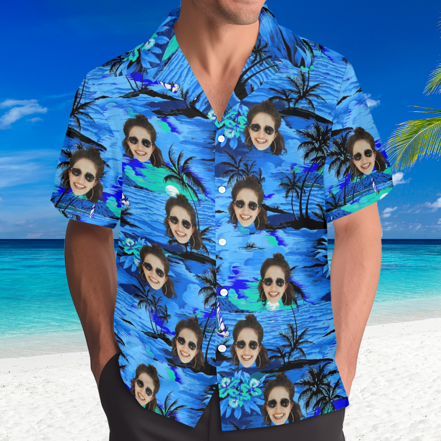 Custom Face Blue Island Hawaiian Shirt | Personalized Tropical Summer Shirt Best Couple Gift