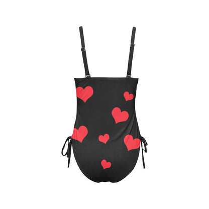 Custom Red Heart Big Face Swimsuit | Unique Women's New Drawstring Side One Piece Swimwear Honeymoon Anniversary Gift