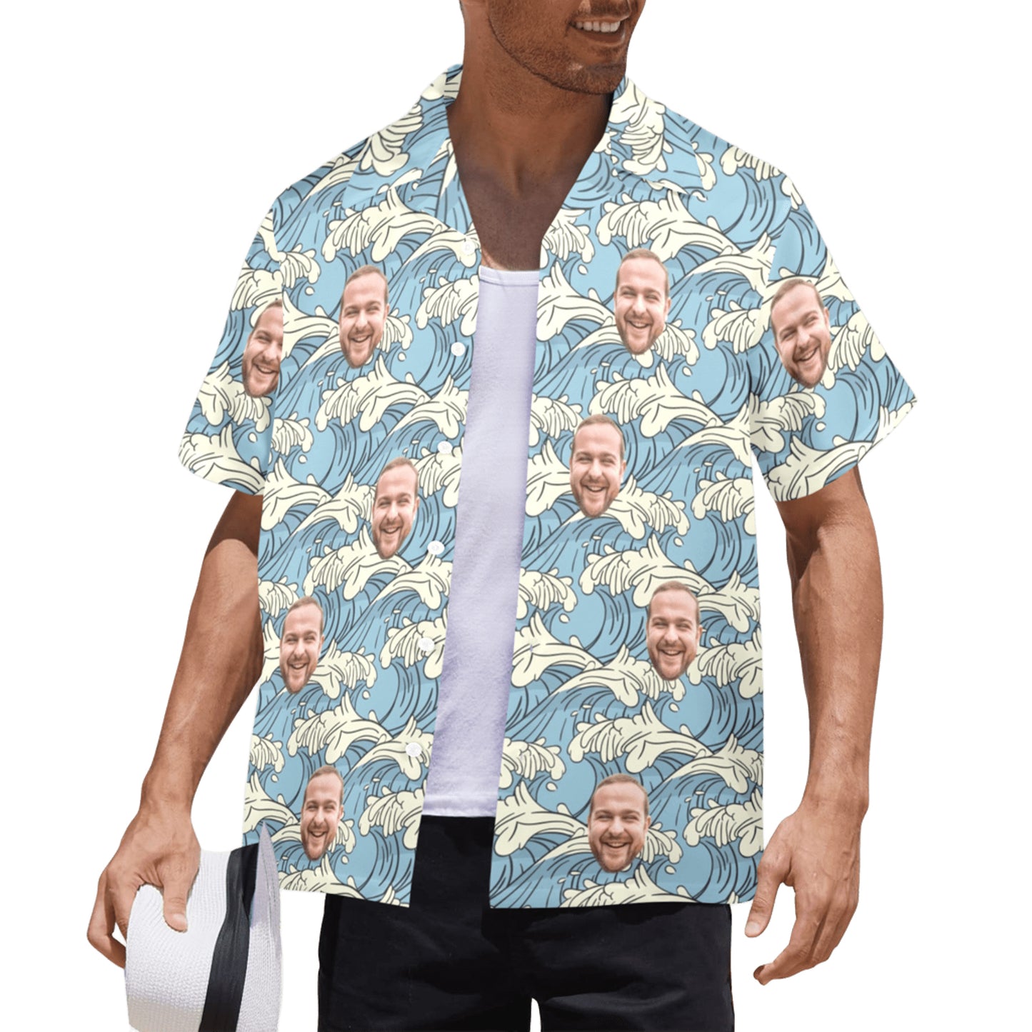 Custom Face Blue Waves Hawaiian Shirt | Personalized Summer Vibes Tropical Aloha Shirt