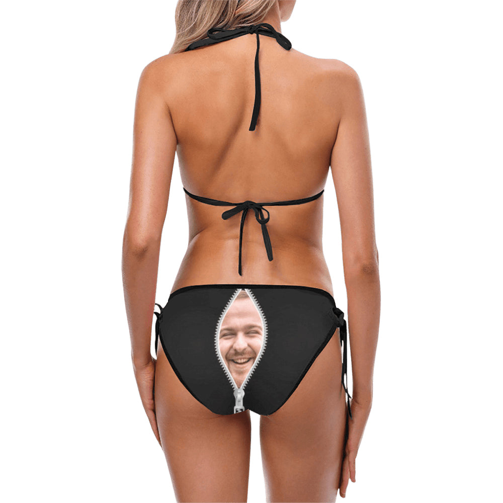 Custom Zip Face Swimsuit | Personalized Women's String Halter Tie Side Low Waisted Triangle Bikini Prank Gift
