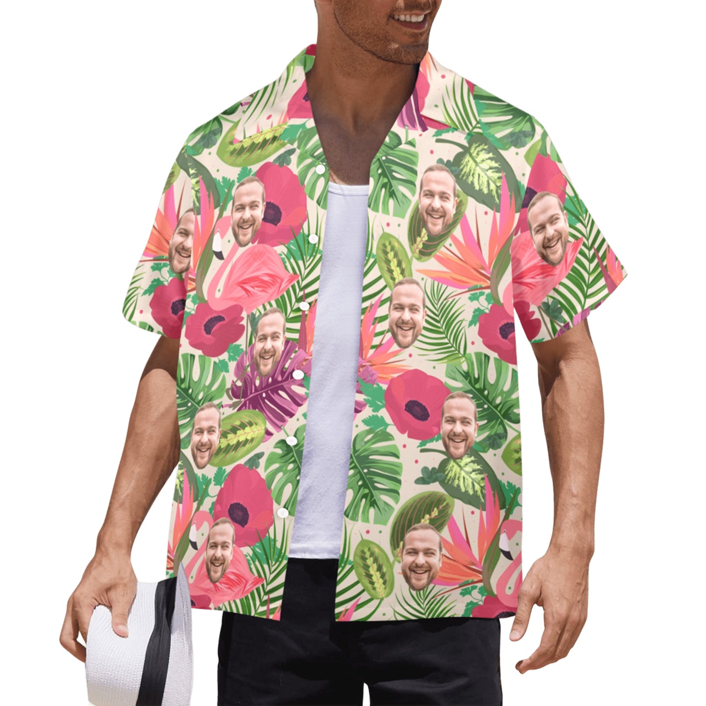 Custom Face Flamingo Rainforest Vibes Hawaiian Shirt | Personalized Tropical Aloha Shirt For Vacation/Cruise