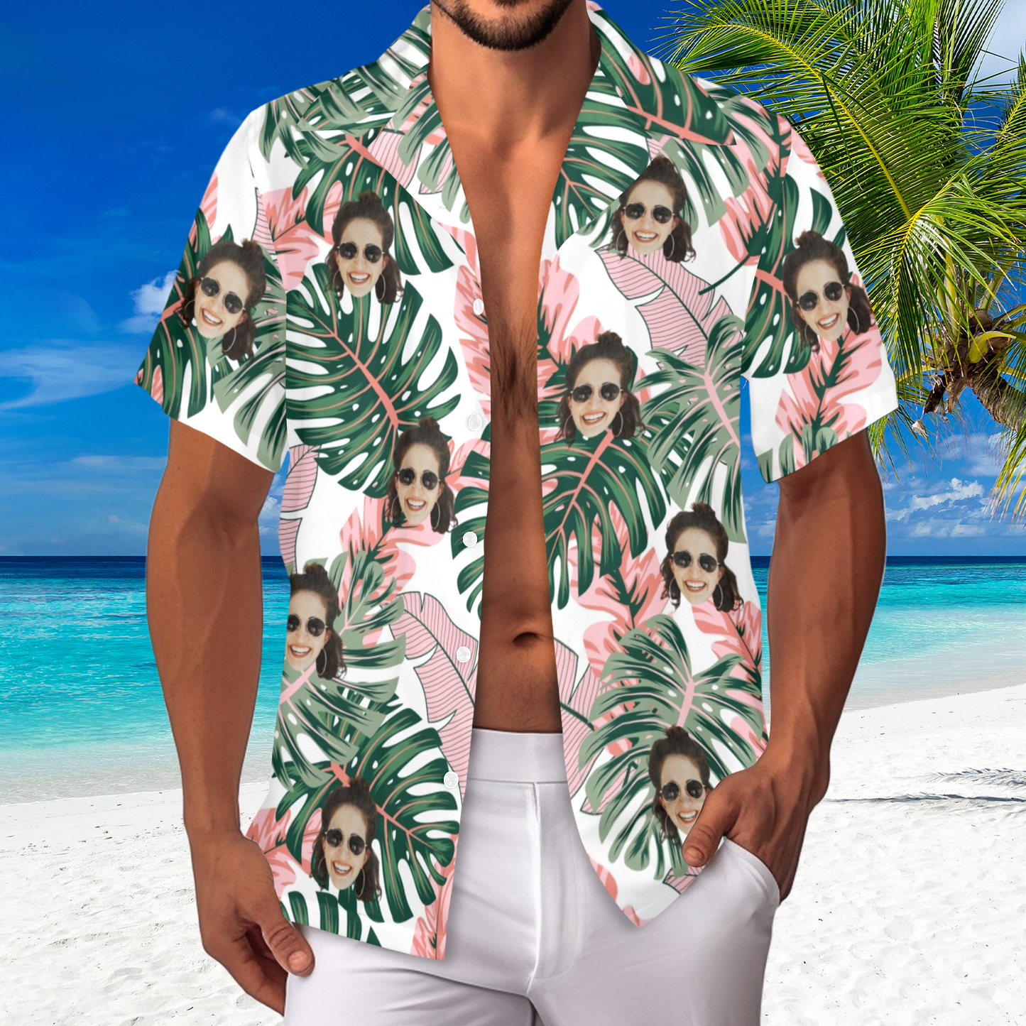 Custom Face Pink Plantain Leaves Hawaiian Shirt | Personalized Tropical Aloha Shirt Birthday Party Gift