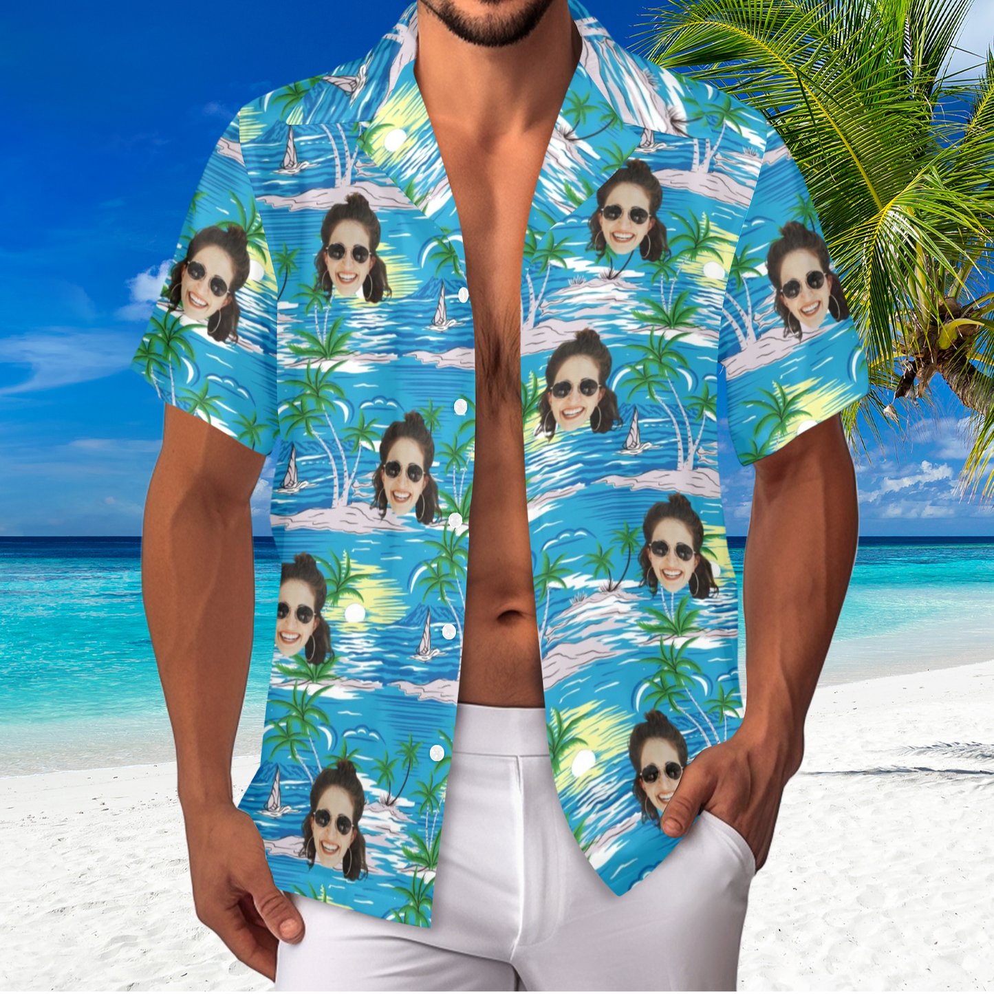 Custom Face Blue Sea&Island Hawaiian Shirt | Personalized Tropical Aloha Shirt For Vacation/Holiday