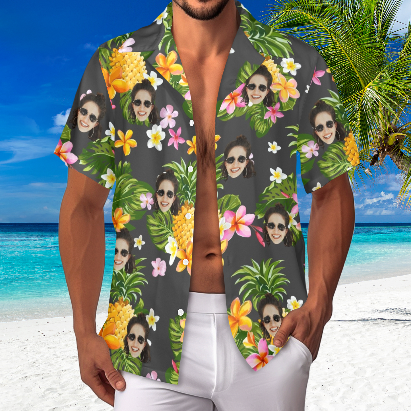 Custom Face Yellow Pineapple Flowers Hawaiian Shirt | Personalized Tropical Aloha Shirt For Bachelorette Party
