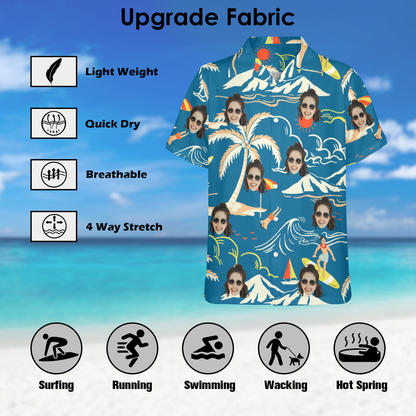 Custom Face Blue Surfing Island Hawaiian Shirt | Personalized Tropical Aloha Shirt For Boat/Cruise Trip