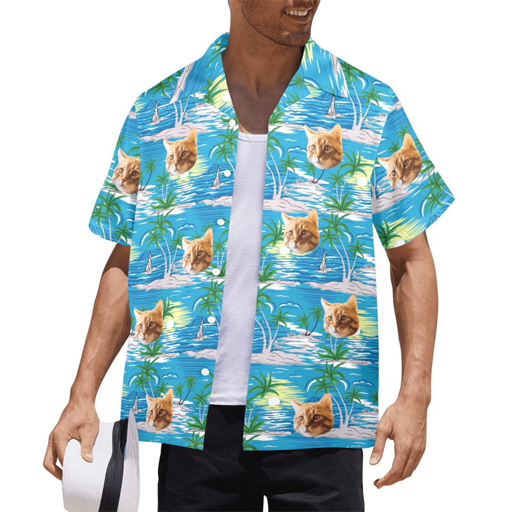 Custom Face Blue Sea&Island Hawaiian Shirt | Personalized Tropical Aloha Shirt For Vacation/Holiday