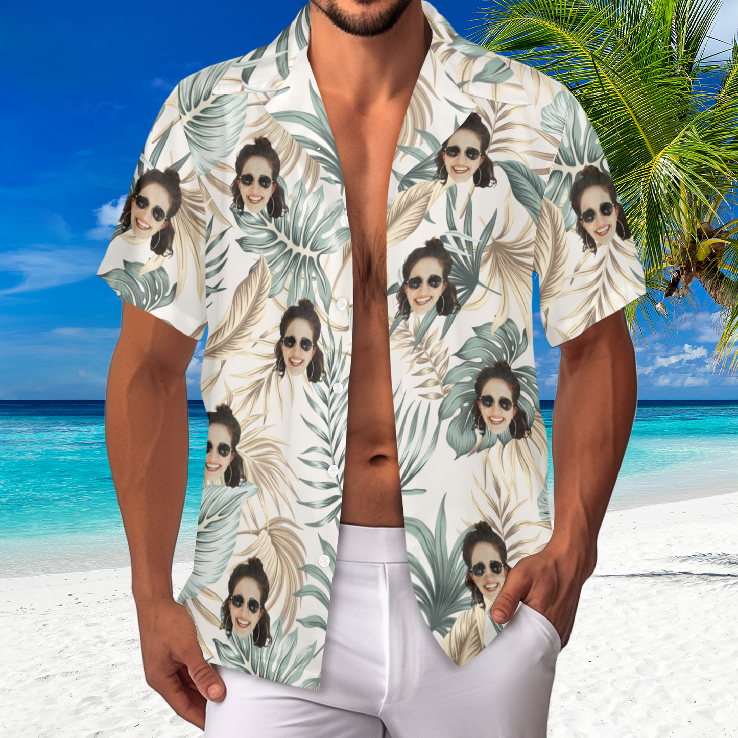 Custom Face Palm Leaves Hawaiian Shirt | Personalized Tropical Aloha Shirt Birthday/Anniversary Gift