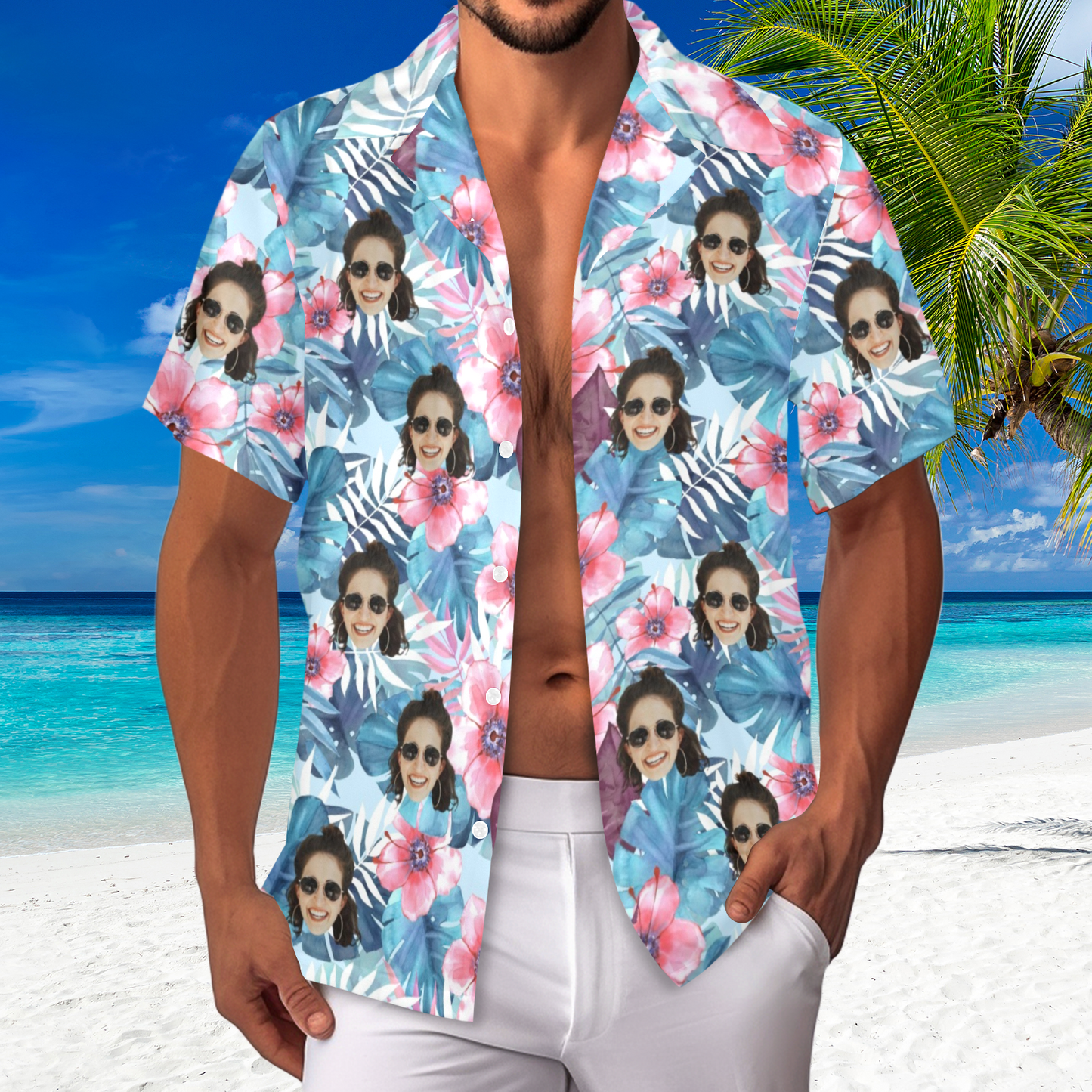 Custom Face Watercolor Printing Flowers Hawaiian Shirt | Personalized Tropical Aloha Shirt Birthday Party Gift
