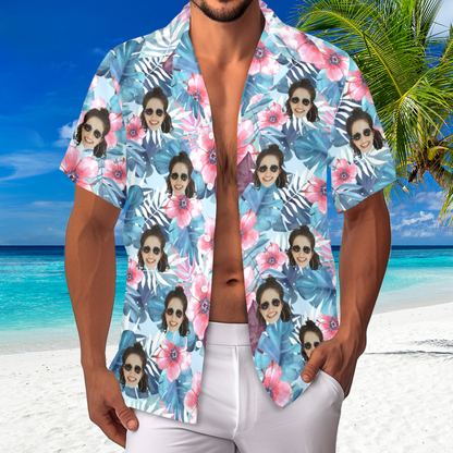 Custom Face Watercolor Printing Flowers Hawaiian Shirt | Personalized Tropical Aloha Shirt Birthday Party Gift