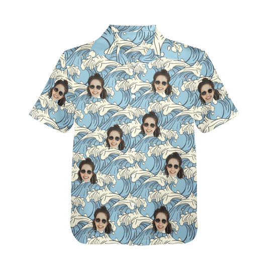 Custom Face Blue Waves Hawaiian Shirt | Personalized Summer Vibes Tropical Aloha Shirt