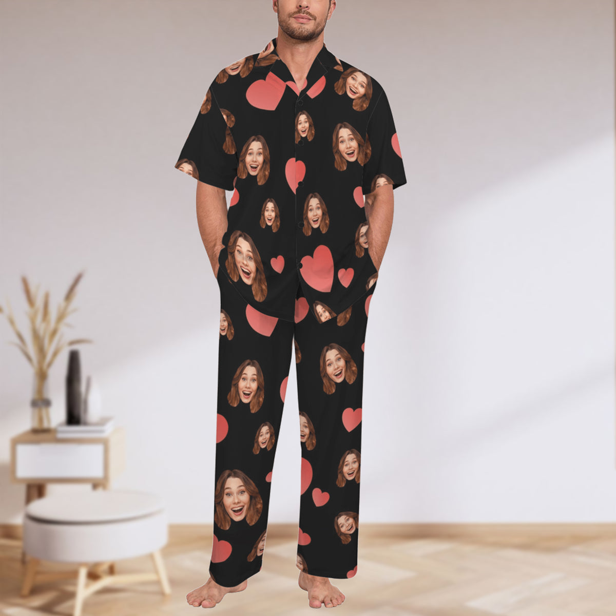 Custom Heart Multi-Color Pajamas | Personalized Men's V-Neck Pajama Set Anniversary Gift