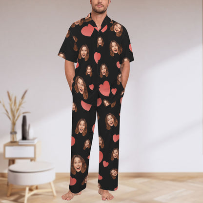 Custom Heart Multi-Color Pajamas | Personalized Men's V-Neck Pajama Set Anniversary Gift