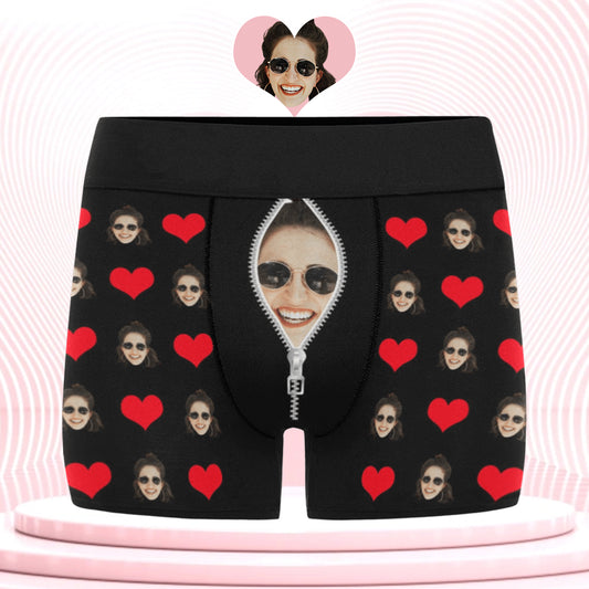 Custom Face Zip Heart Underwear | Personalized Photo Men's Boxer Briefs For Birthday/Christmas Gifts