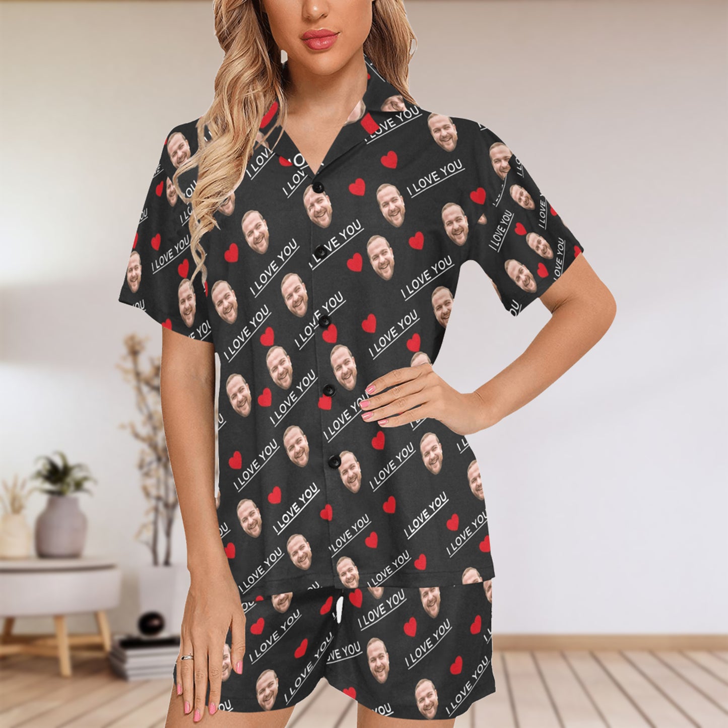 Custom I Love You Face Pajamas | Personalized Women's V-Neck Short Pajama Set For Valentine's Day