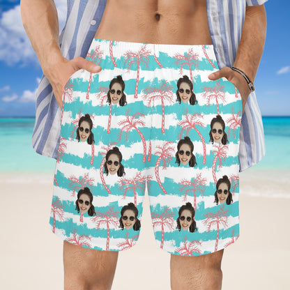 Custom Face Azure Wave Coconut Shore Beach Shorts | Personalized Photo Men's Elastic Swim Trunks Birthday/Honeymoon Gift