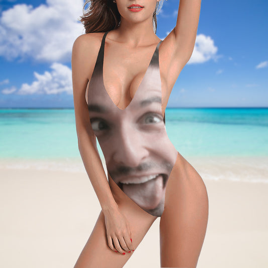 Custom Tongue Face Swimsuit | Personalized Women's Halter Straps Backless Swimsuit Boat Trip