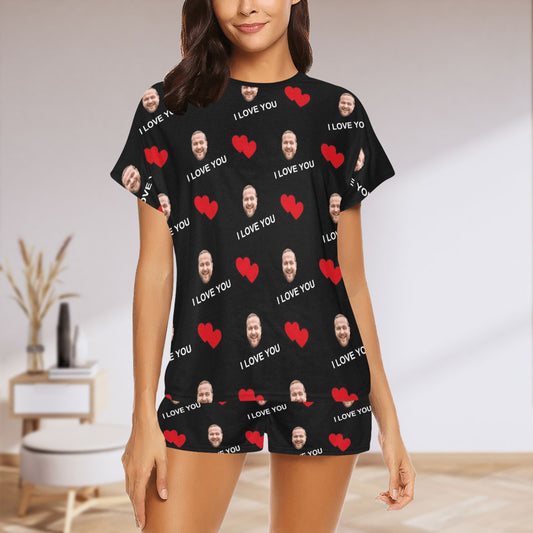 Custom Love You Face Black Pajamas | Personalized Women's Short Pajama Set Anniversary Gift