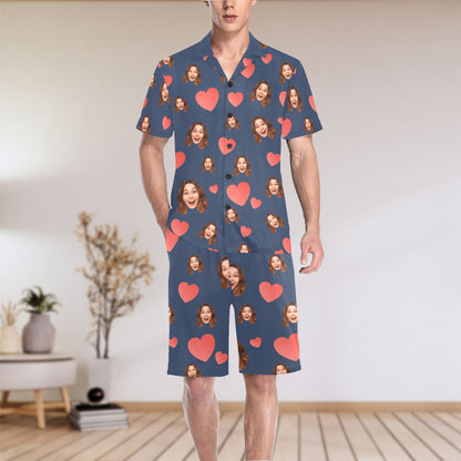 Custom Heart Multi-Color Pajamas | Personalized Men's V-Neck Short Pajama Set Gift for Him