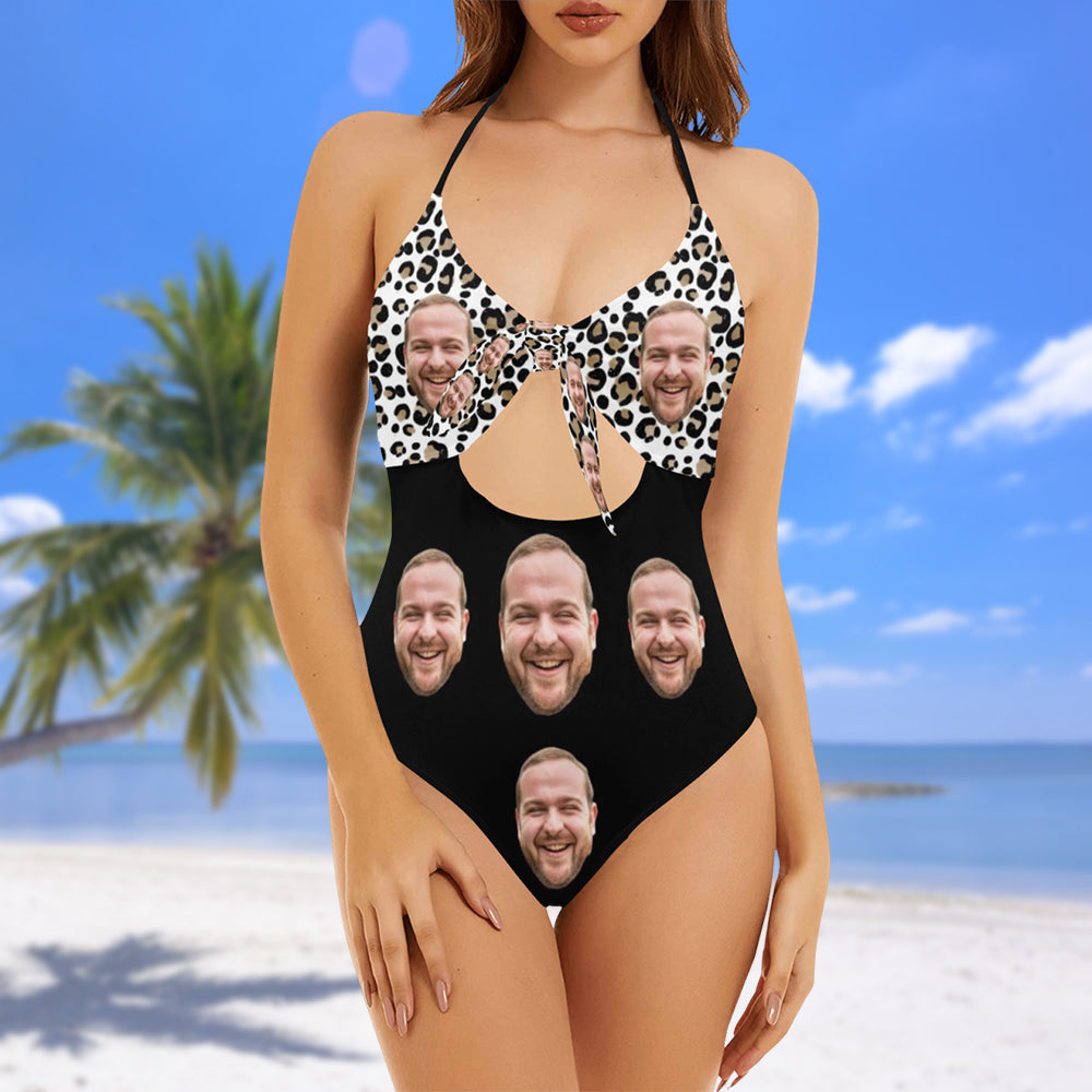 Custom Face Leopard Swimsuit | Personalized Women's Backless Bow One Piece Bathing Suit For Cruise Trip