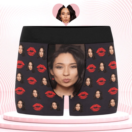 Custom Big Face Red Lip Underwear | Personalized Photo Men's Boxer Briefs For Birthday/Valentine