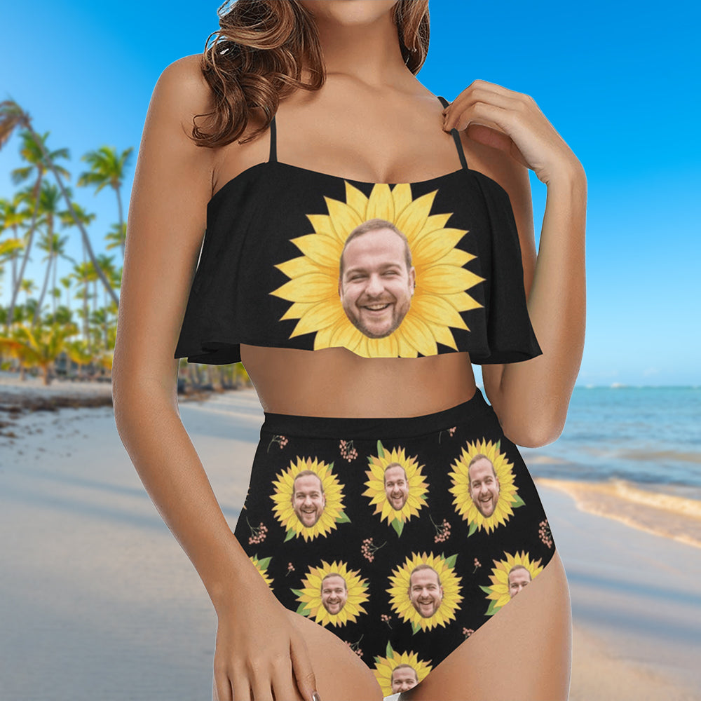 Custom Funny Sunflower Face Swimsuit | Unique Women's Two Piece High Waisted Ruffle Bikini Prank Gifts