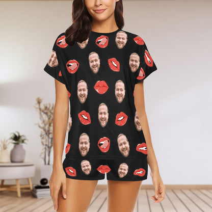Custom Red Lips Face Pajamas | Personalized Photo Women's Short Pajama Set For Anniversary