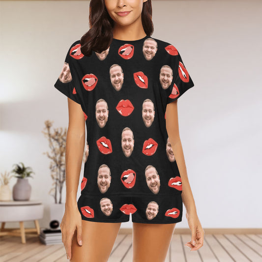 Custom Red Lips Face Pajamas | Personalized Photo Women's Short Pajama Set For Anniversary