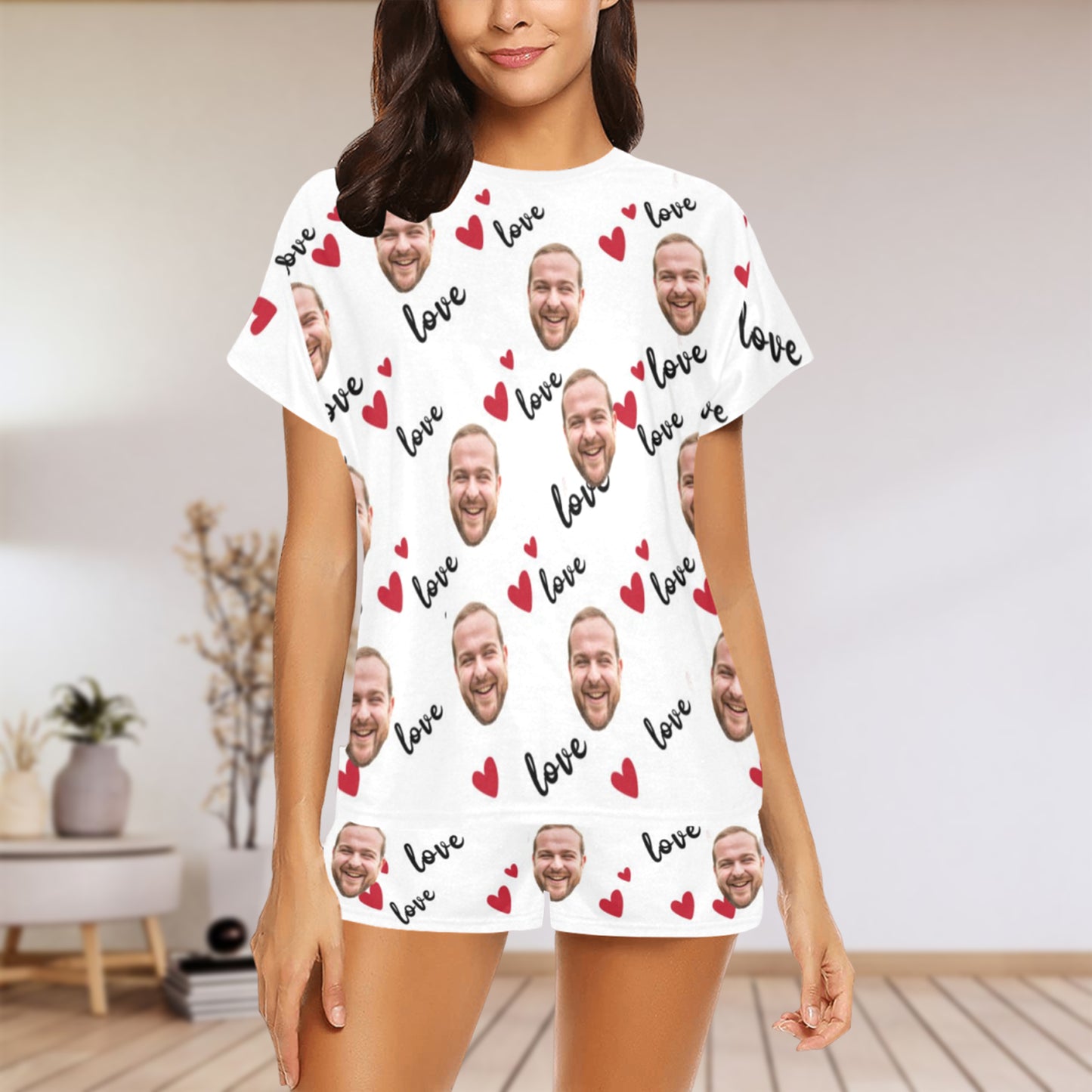 Custom Love Heart Face Pajamas | Personalized Photo Women's Short Pajama Set Special Gift