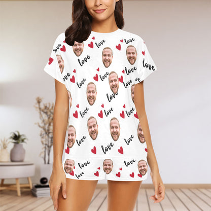 Custom Love Heart Face Pajamas | Personalized Photo Women's Short Pajama Set Special Gift