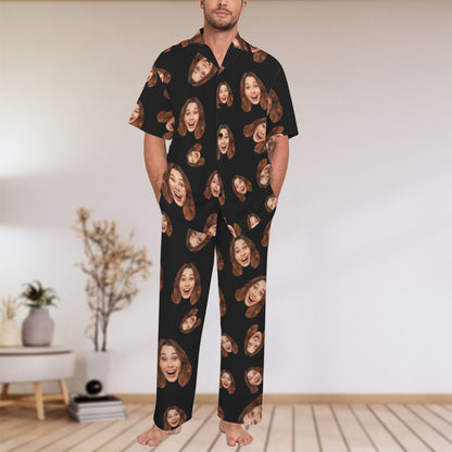 Custom Face Multi-Color Pajamas | Personalized Men's V-Neck Pajama Set Valentine's Gift
