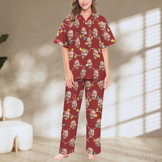 Custom Photo Christmas Lights Pajamas | Personalized Women's V-Neck Pajama Set Family Christmas Gift