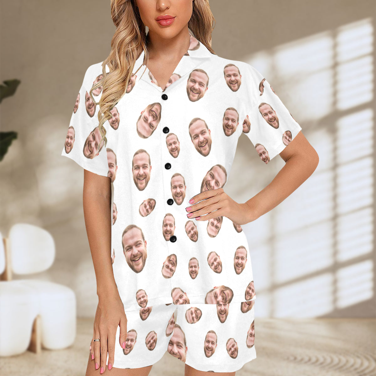 Custom Face Multi-Color Pajamas | Personalized Women's V-Neck Short Pajama Set Gift for Mom/Dad