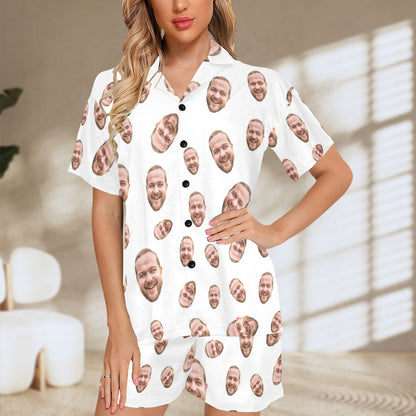 Custom Face Multi-Color Pajamas | Personalized Women's V-Neck Short Pajama Set Gift for Mom/Dad