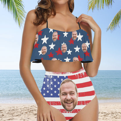 Custom Grunge American Flag Face Swimsuit | Unique Women's Two Piece High Waisted Ruffle Bikini Independence Day