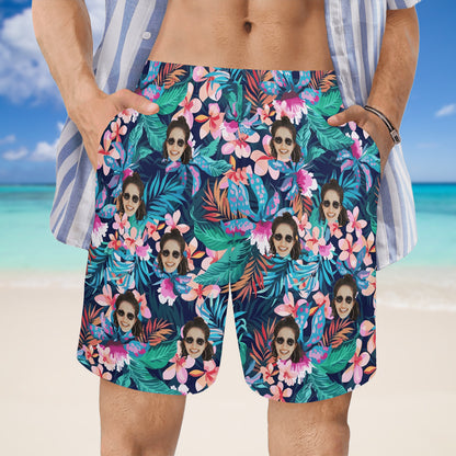 Custom Face Sea Flower Beach Shorts | Personalized Photo Men's Elastic Swim Trunks Vacation Party