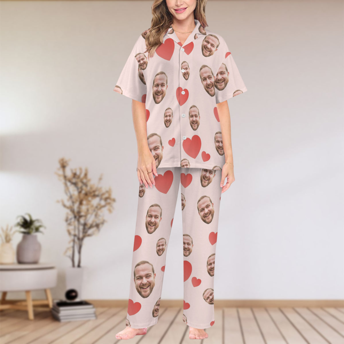 Custom Heart Multi-Color Pajamas | Personalized Women's V-Neck Pajama Set Christmas Gift