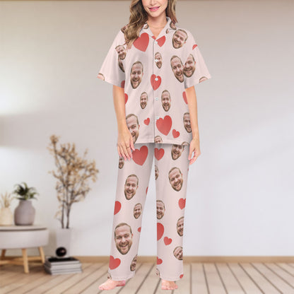 Custom Heart Multi-Color Pajamas | Personalized Women's V-Neck Pajama Set Christmas Gift