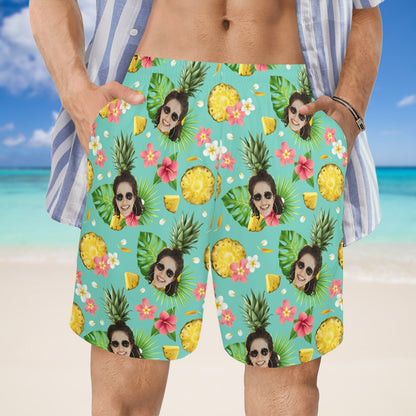 Custom Face Pineapple Beach Shorts | Personalized Photo Men's Elastic Swim Trunks Prank Gifts