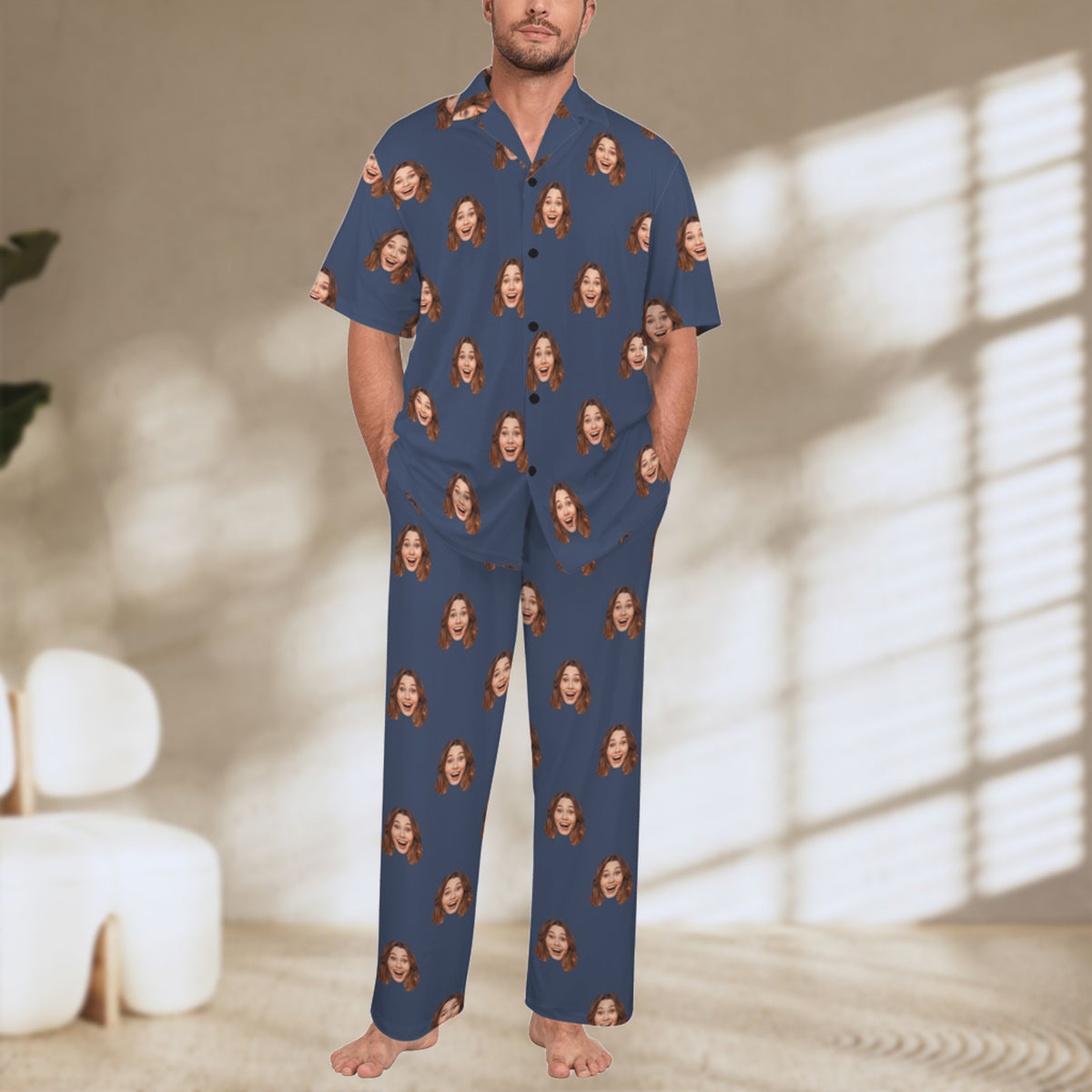 Custom Husband/Boyfriend Face Pajamas | Personalized Men's V-Neck Pajama Set Anniversary Gift
