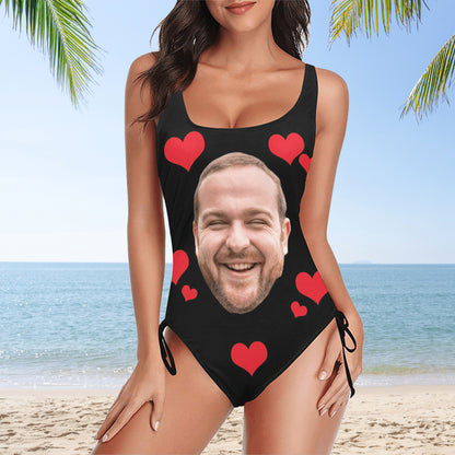 Custom Red Heart Big Face Swimsuit | Unique Women's New Drawstring Side One Piece Swimwear Honeymoon Anniversary Gift