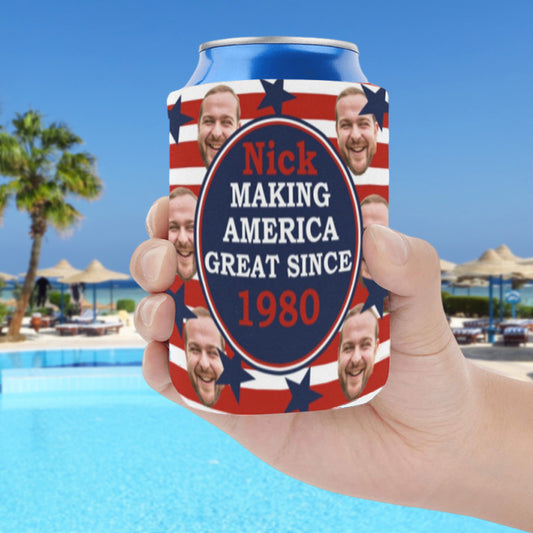 Personalized Face Make America Great Can Cooler | Custom Neoprene Koozies Non Slip for Beer Cans&Bottles Independence Day Party Gift