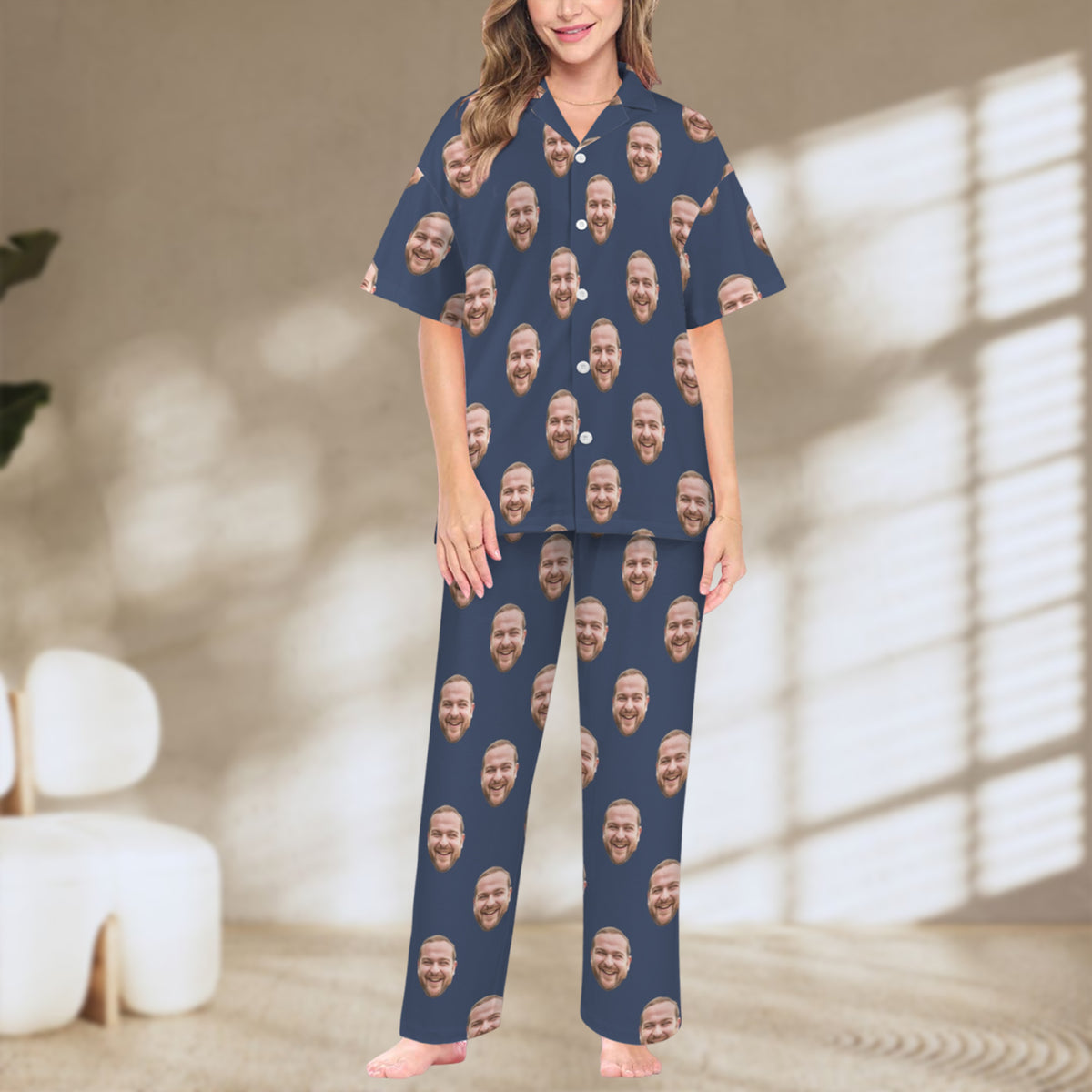 Custom Husband/Boyfriend Face Pajamas | Personalized Women's V-Neck Pajama Set Anniversary Gift