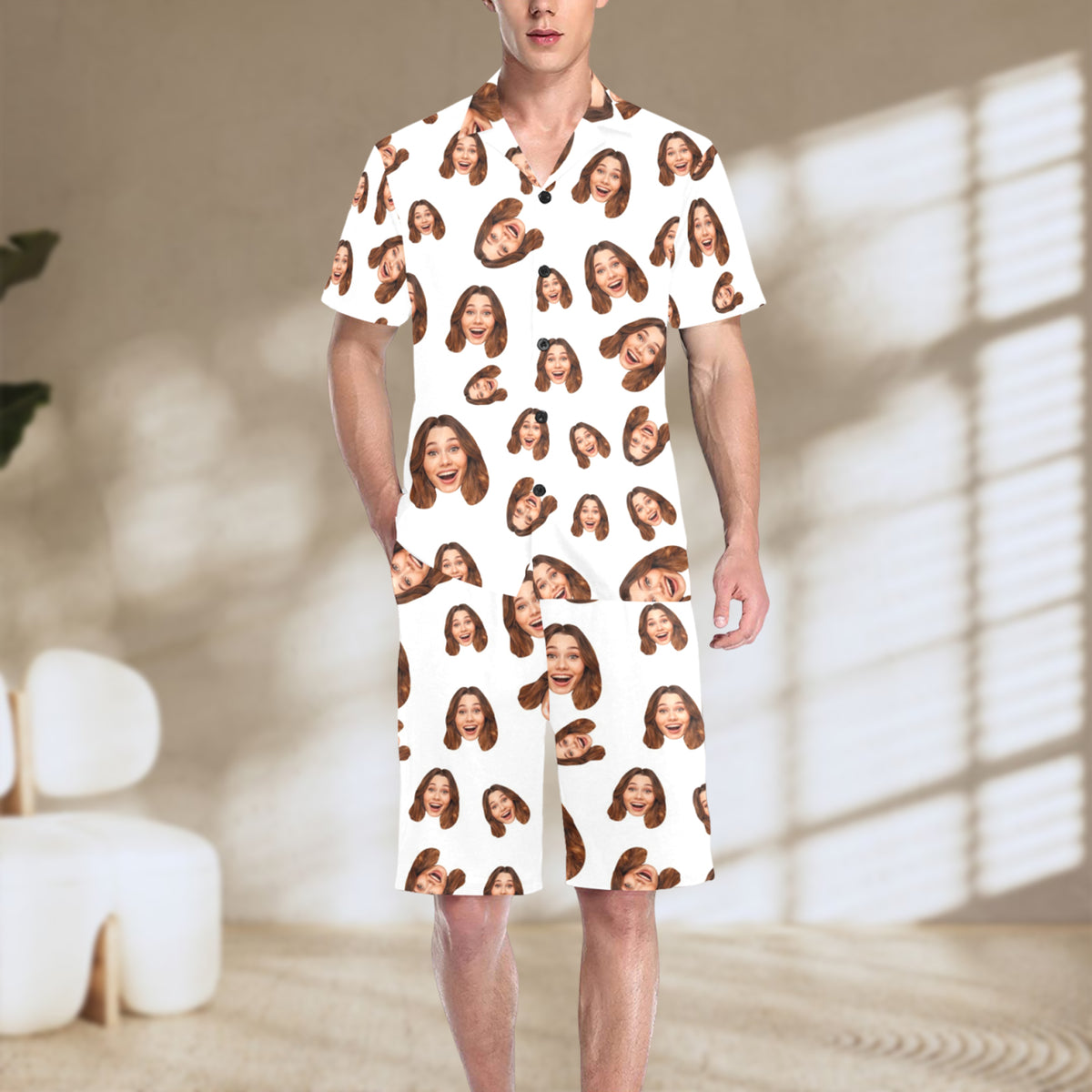 Custom Face Multi-Color Pajamas | Personalized Men's V-Neck Short Pajama Set Gift for Husband/Boyfriend