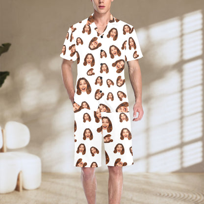 Custom Face Multi-Color Pajamas | Personalized Men's V-Neck Short Pajama Set Gift for Husband/Boyfriend