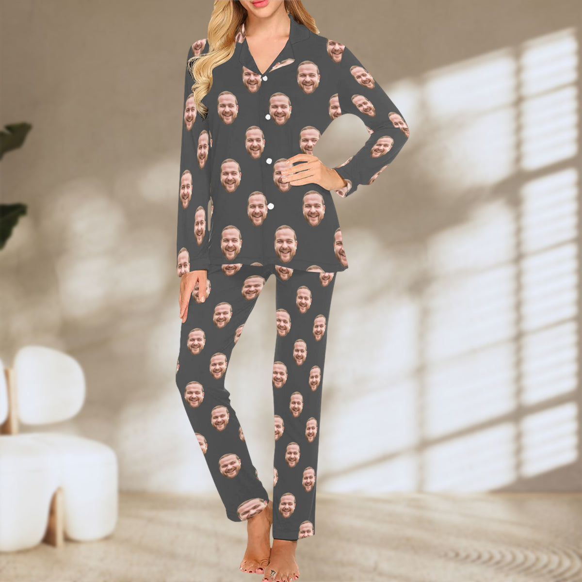 Custom Husband/Boyfriend Face Pajamas | Personalized Women's Long Pajama Set Christmas Gift